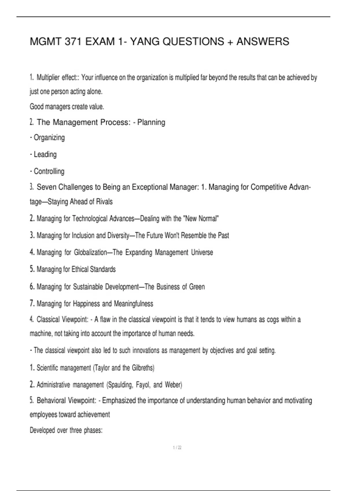 MGMT 371 EXAM 1- YANG QUESTIONS + ANSWERS - MGMT 371 - Stuvia US