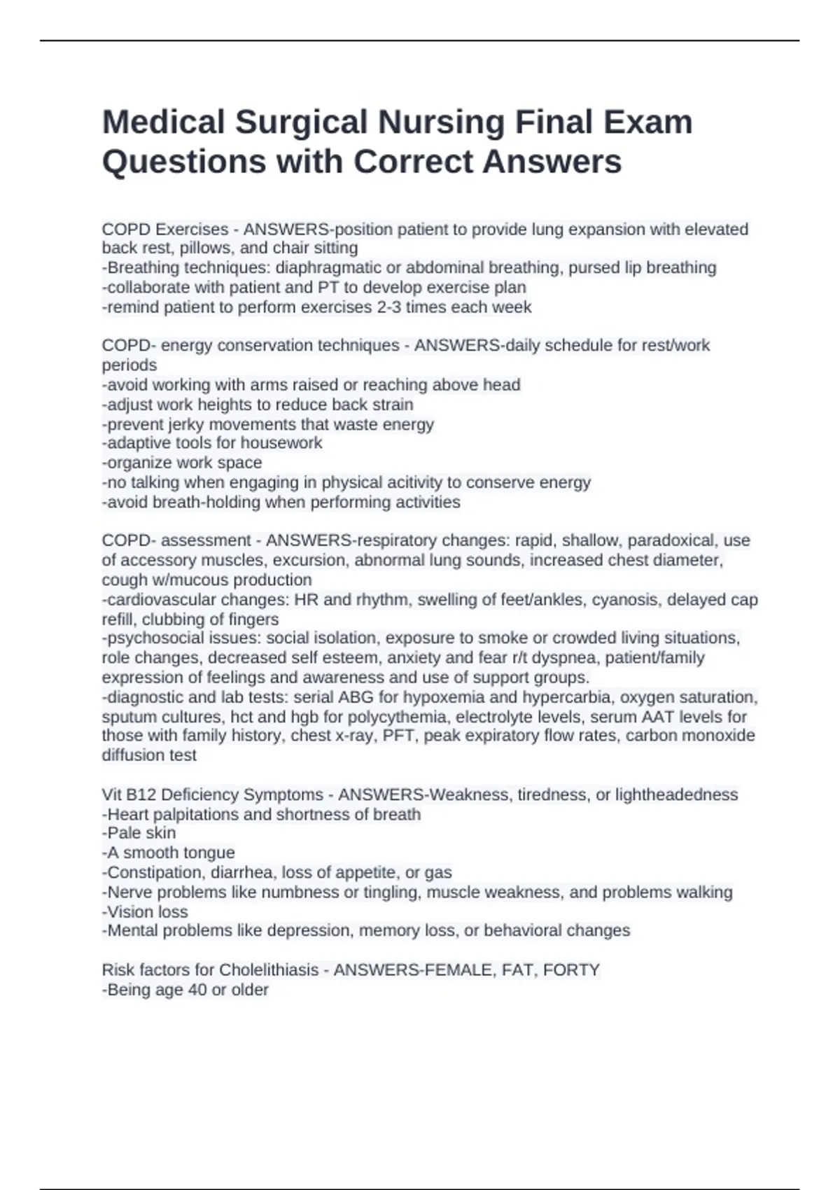 Medical Surgical Nursing Final Exam Questions with Correct Answers ...