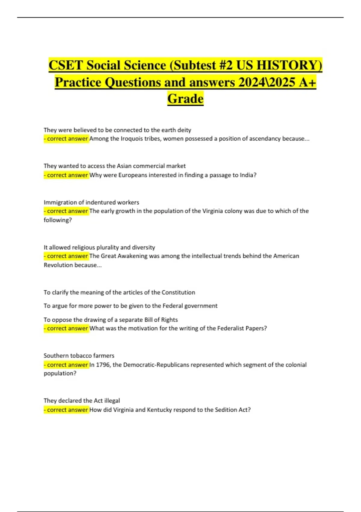 CSET: Social Science Subtest 2 – U.S. History Practice Questions and Verified Answers (2024/2025 ...