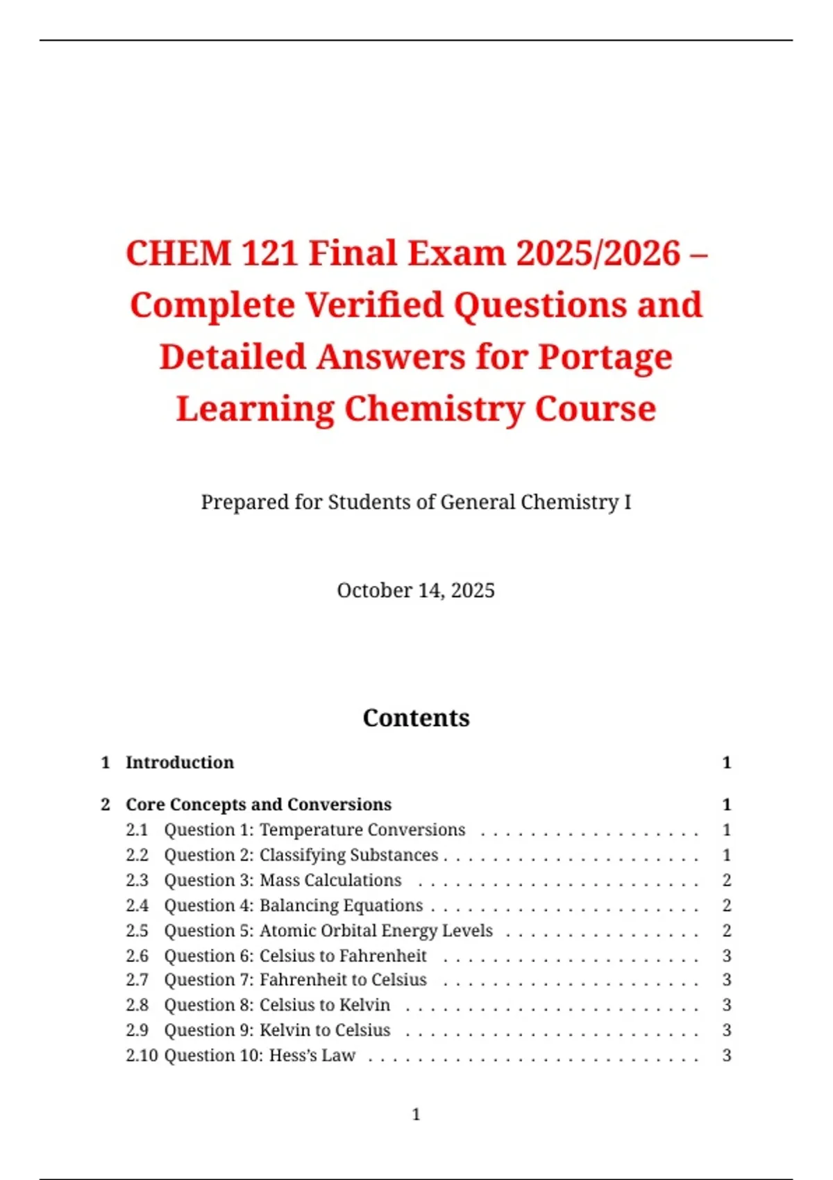 CHEM 121 – General Chemistry I (Portage Learning) Final Exam 2025/2026 ...