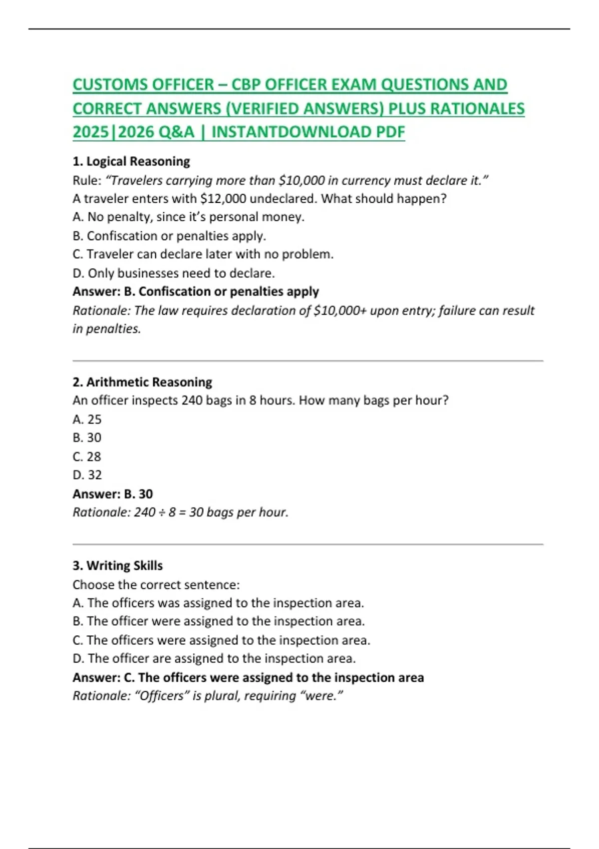 CUSTOMS OFFICER – CBP OFFICER EXAM QUESTIONS AND CORRECT ANSWERS ...