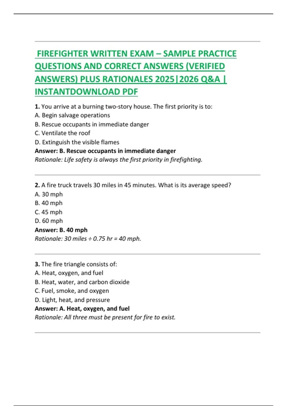 FIREFIGHTER WRITTEN EXAM – SAMPLE PRACTICE QUESTIONS AND CORRECT ...