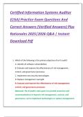 Certified Information Systems Auditor  &lpar;CISA&rpar; Practice Exam Questions And  Correct Answers &lpar;Verified Answers&rpar; Plus  Rationales 2025&vert;2026 Q&A &vert; Instant  Download Pdf 