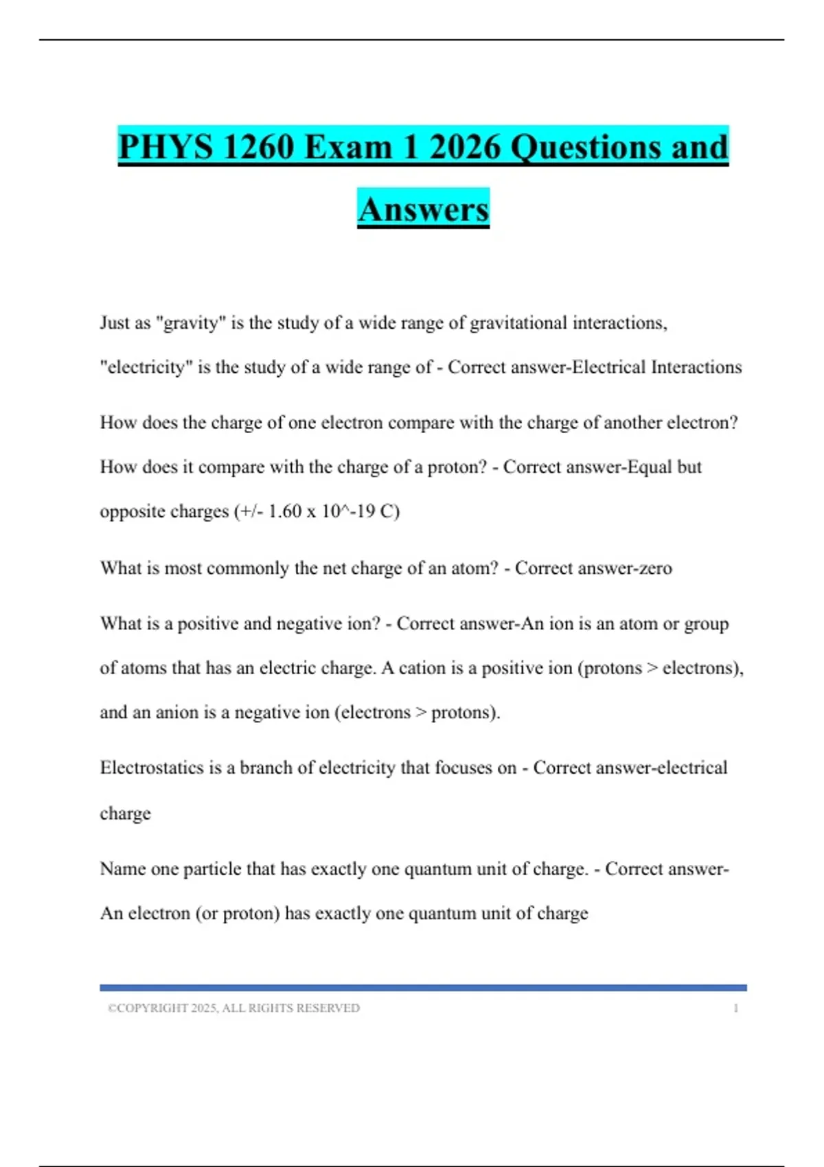 PHYS 1260 Exam 1 2026 Questions and Answers - PHYS 1260 - Stuvia US