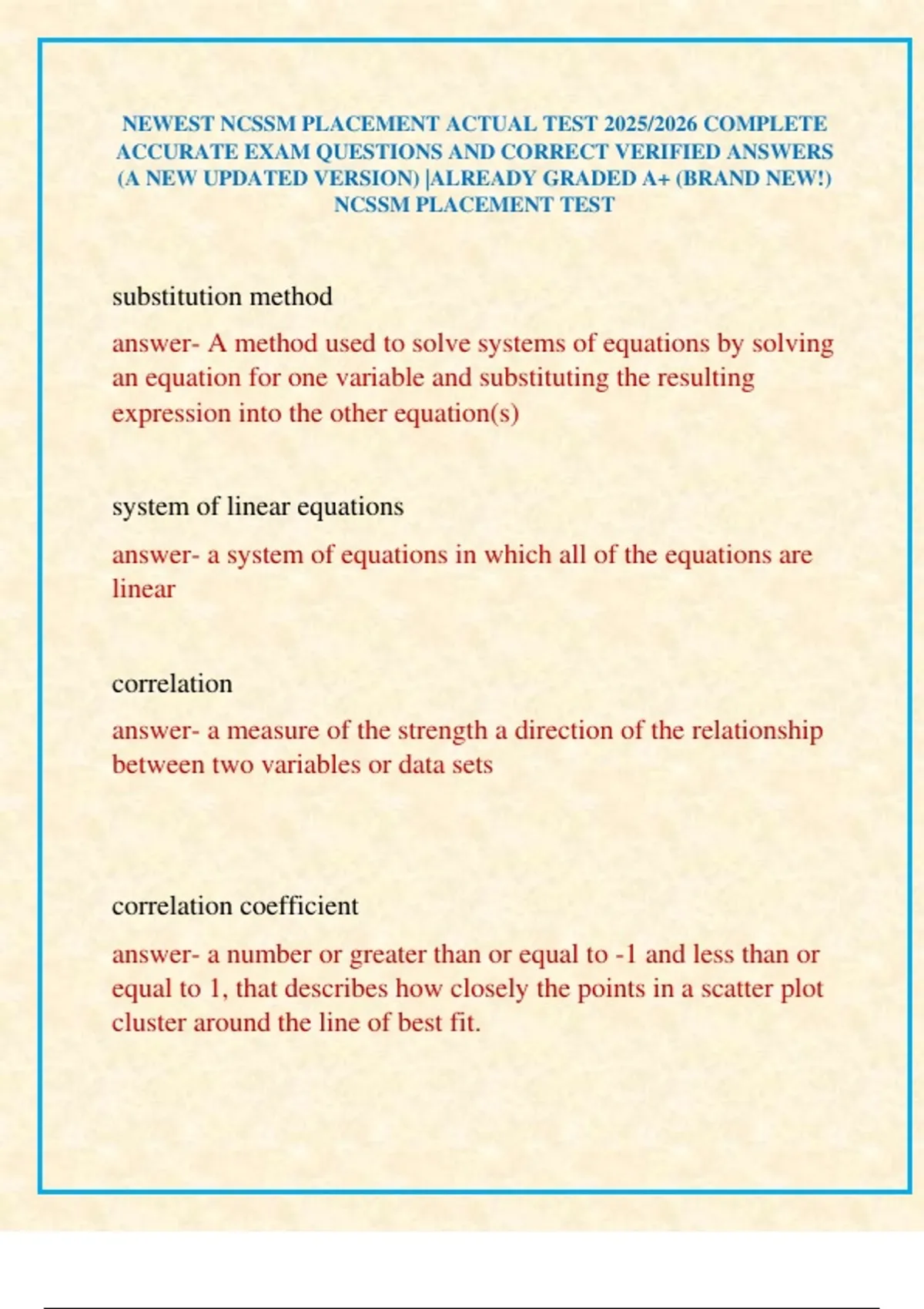 Ncssm Math Assessment Example Questions NEWEST NCSSM PLACEMENT ACTUAL TEST 2025/2026 COMPLETE ACCURATE EXAM ...