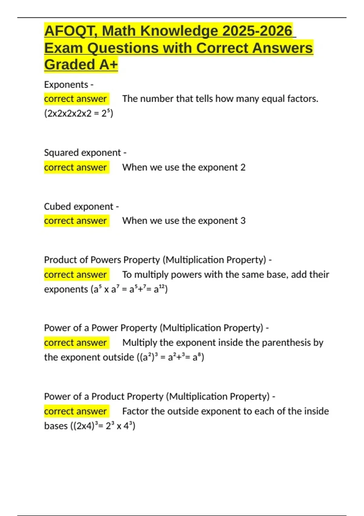 AFOQT, Math Knowledge Exam Questions with Correct Answers Graded A+ ...
