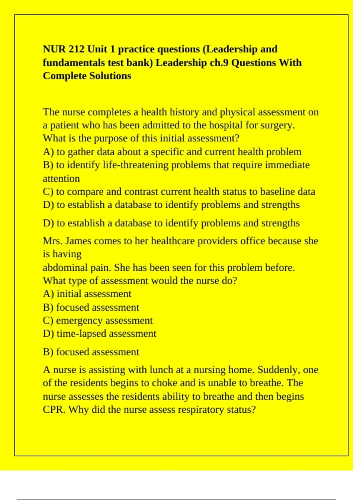 NUR 212 Unit 1 practice questions (Leadership and fundamentals test ...