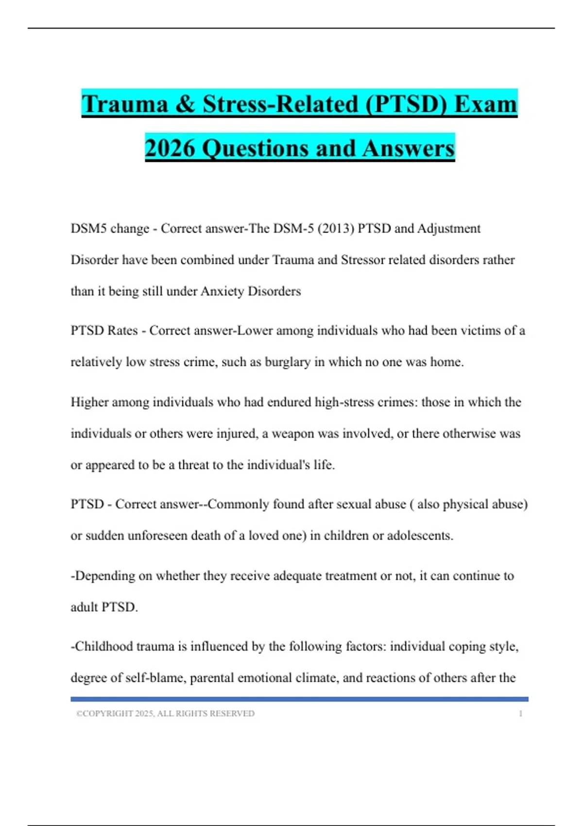 Trauma &amp; Stress-Related (PTSD) Exam 2026 Questions and Answers - Trauma &amp; PTSD - Stuvia US