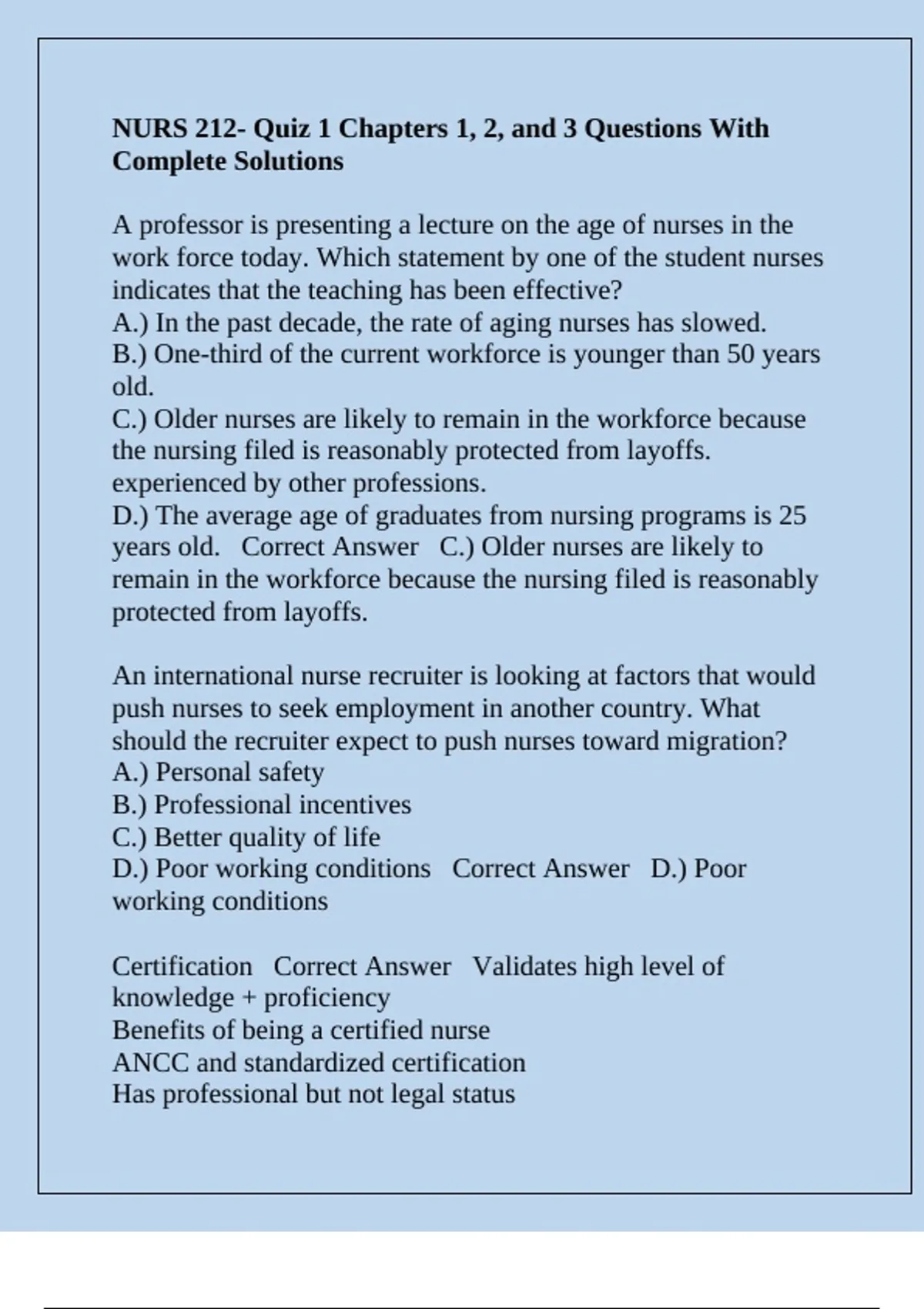 NURS 212- Quiz 1 Chapters 1, 2, and 3 Questions With Complete Solutions ...