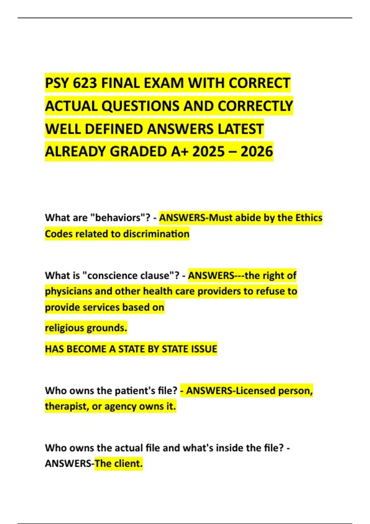 PSY 623 FINAL EXAM WITH CORRECT ACTUAL QUESTIONS AND CORRECTLY WELL ...
