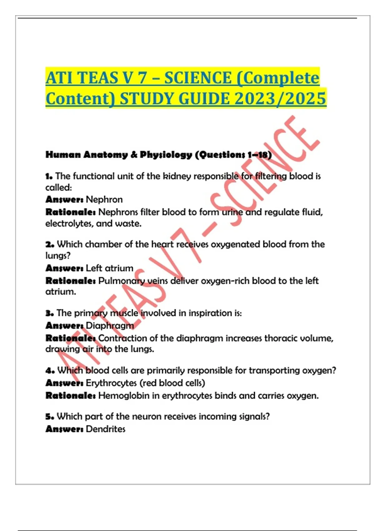 ATI TEAS V 7 – SCIENCE (Complete Content) STUDY GUIDE 2023/2025 Human ...