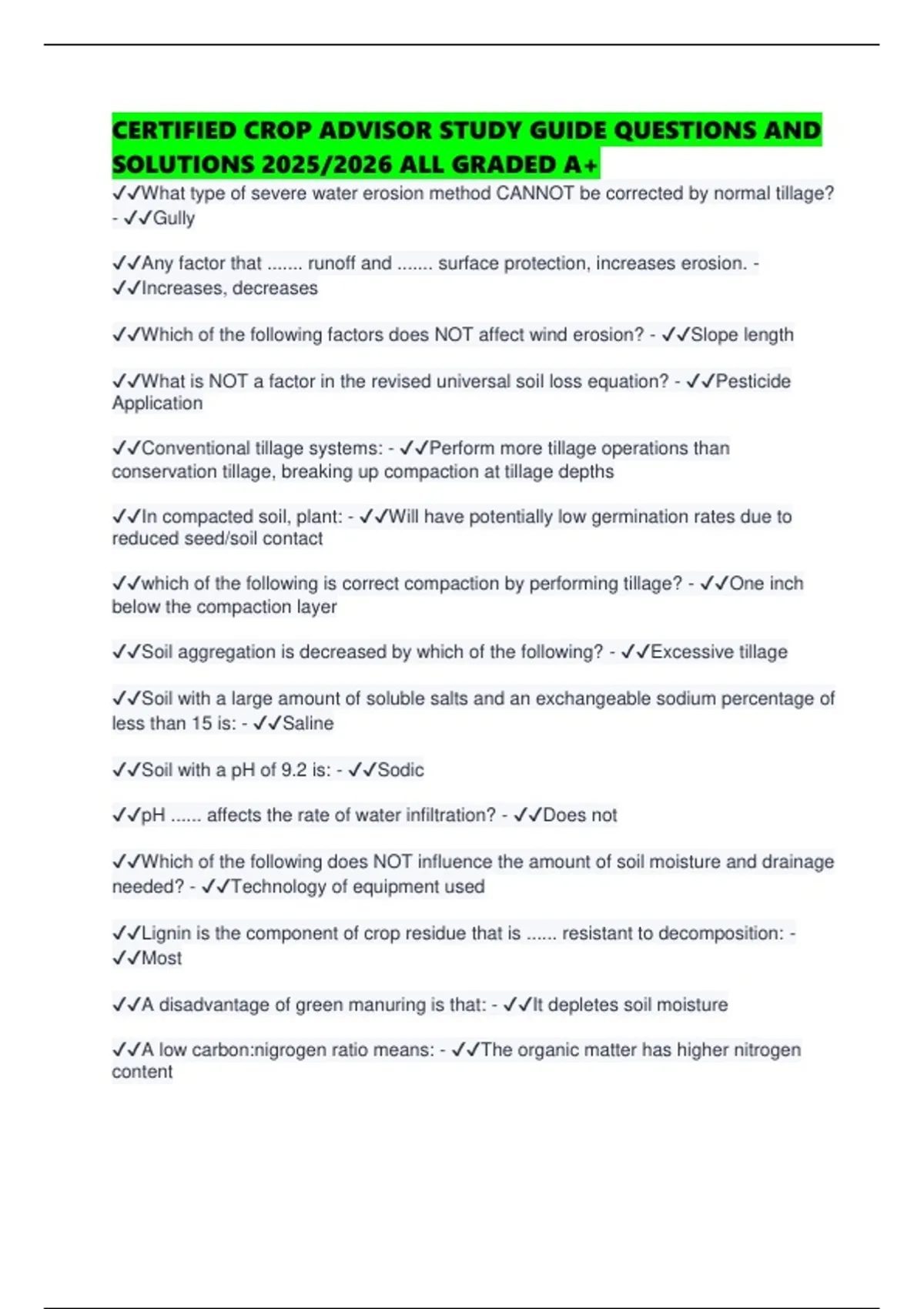 CERTIFIED CROP ADVISOR STUDY GUIDE QUESTIONS AND SOLUTIONS 2025/2026 ALL GRADED A+ - Certified ...