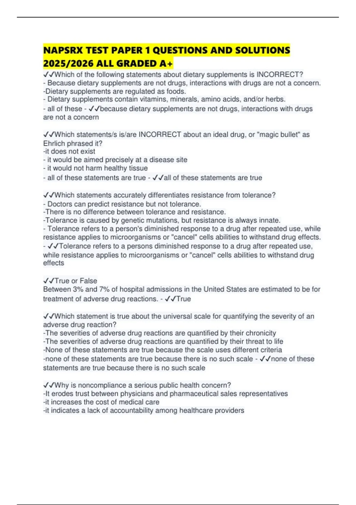 Napsrx NAPSRX TEST PAPER 1 QUESTIONS AND SOLUTIONS 2025/2026 ALL GRADED A+ ...