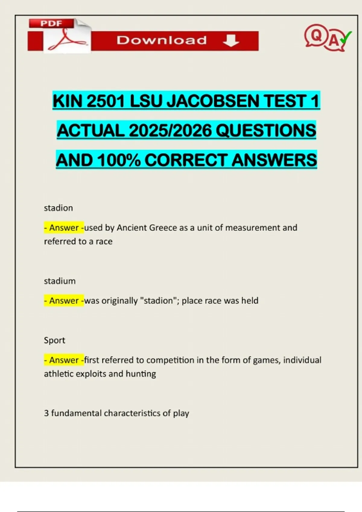 KIN 2501 LSU JACOBSEN TEST 1 ACTUAL 2025/2026 QUESTIONS AND 100% ...