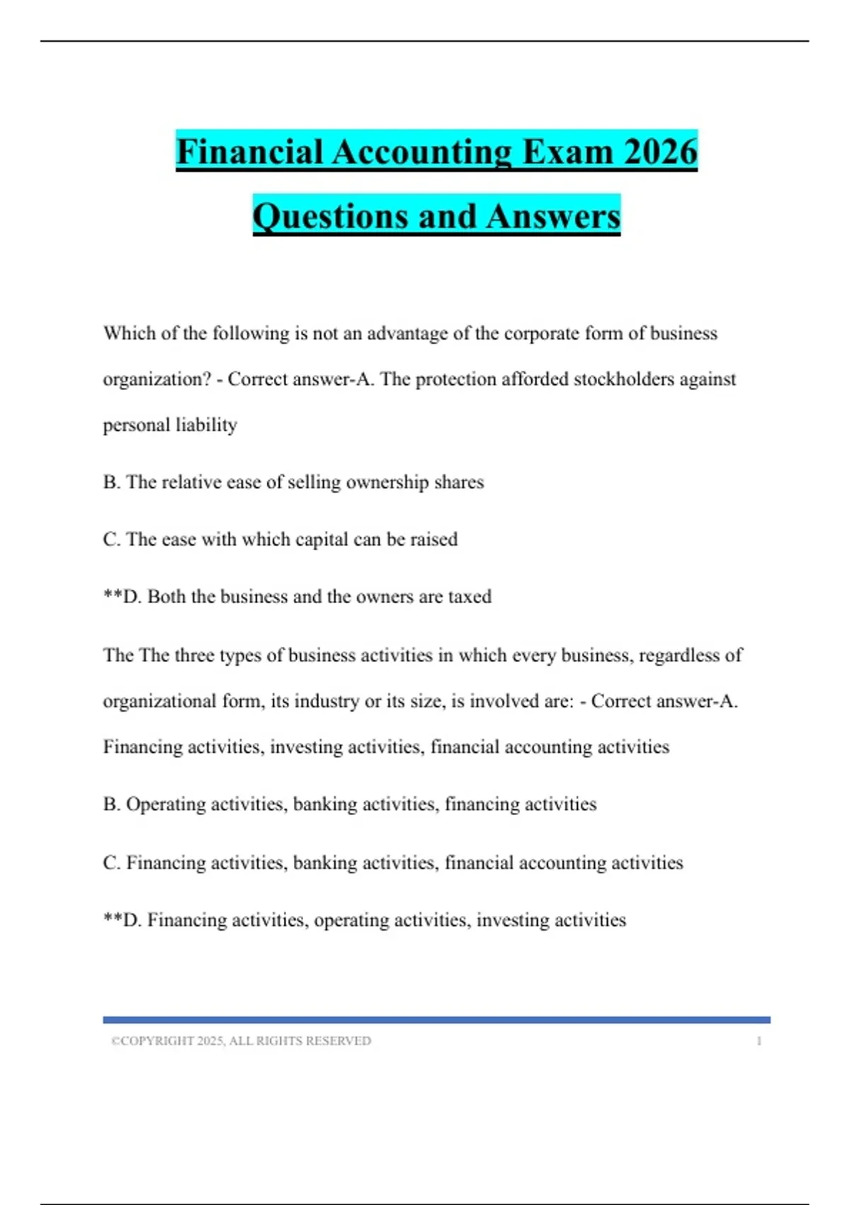 Financial Accounting Exam 2026 Questions and Answers - Financial ...