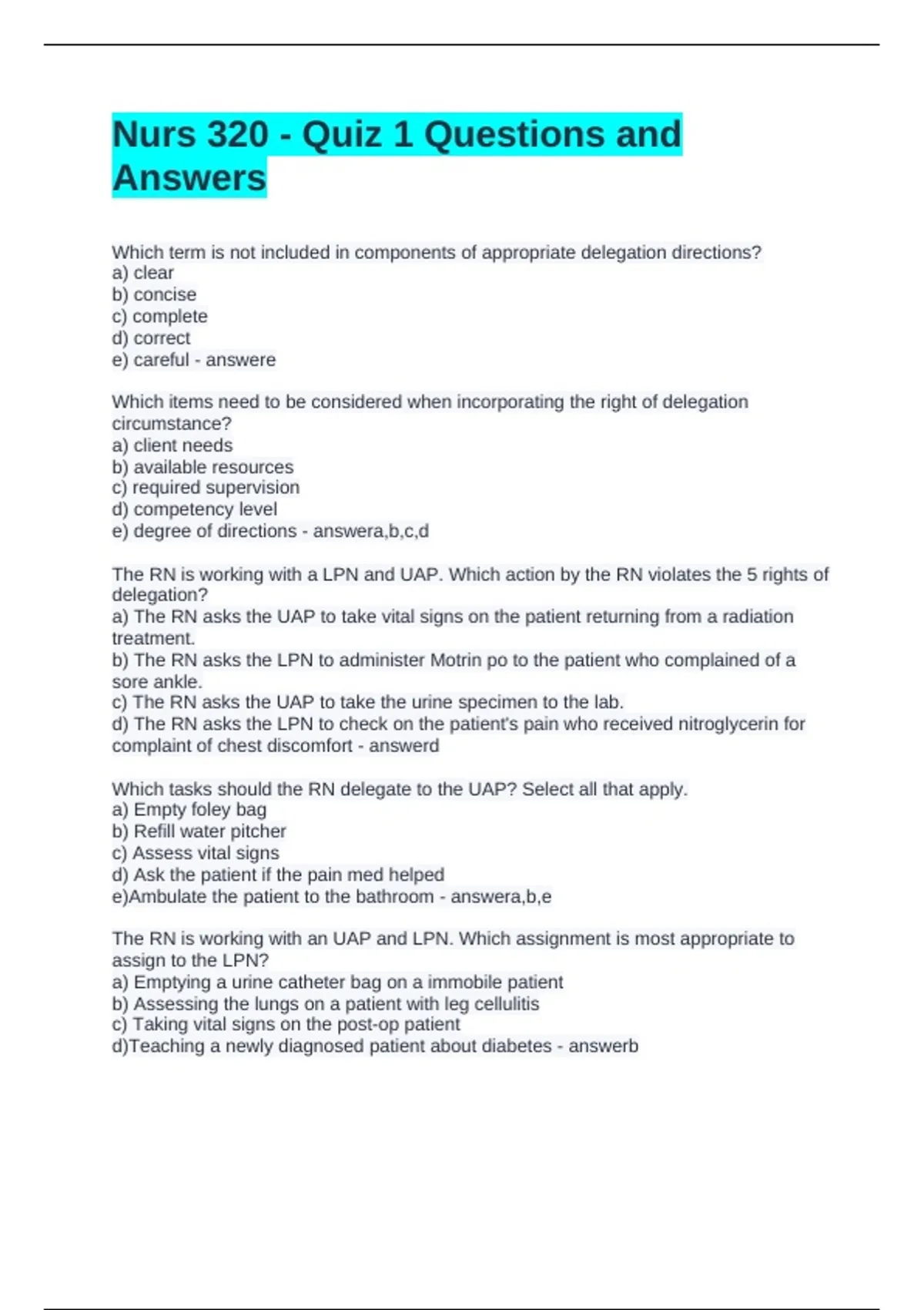Nurs 320 - Quiz 1 Questions and Answers - NURS 5433 - Stuvia US