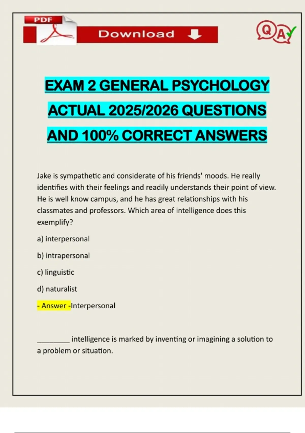 EXAM 2 GENERAL PSYCHOLOGY ACTUAL 2025/2026 QUESTIONS AND 100% CORRECT ...