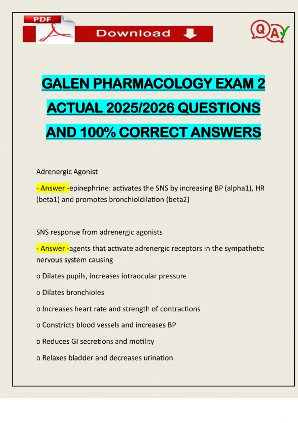 GALEN PHARMACOLOGY EXAM 2 ACTUAL 2025/2026 QUESTIONS AND 100% CORRECT ...