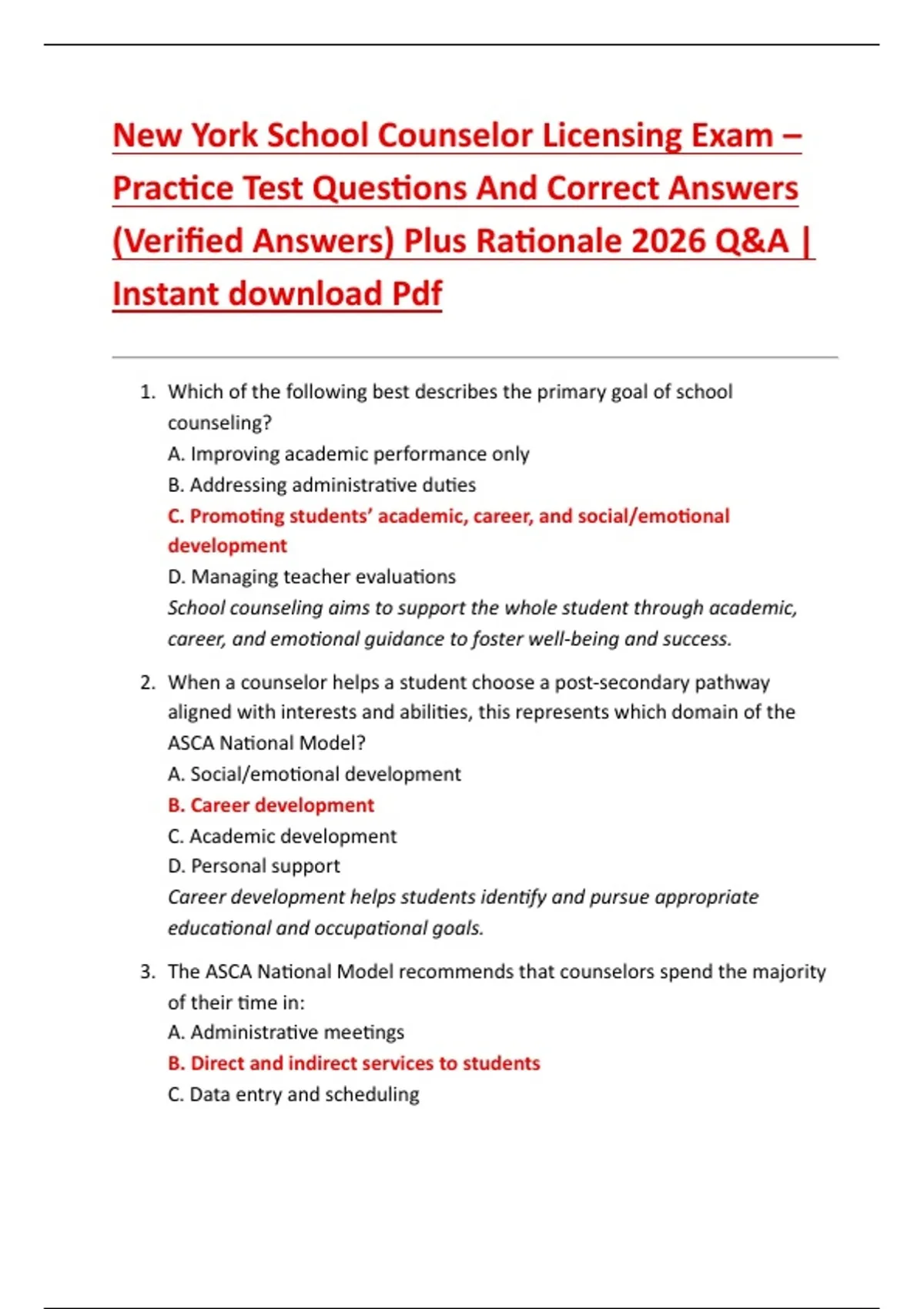 New York School Counselor Licensing Exam – Practice Test Questions And Correct Answers (Verified ...