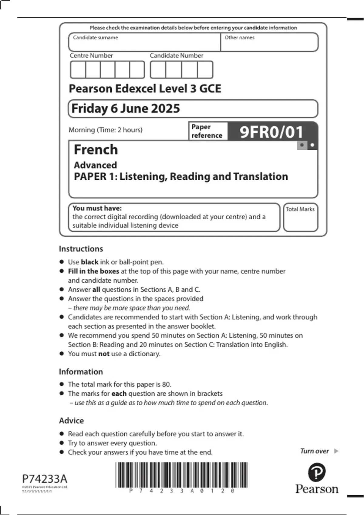 PEARSON EDEXCEL A LEVEL FRENCH PAPER 1 QUESTION PAPER 2025 (9FR0/01 ...