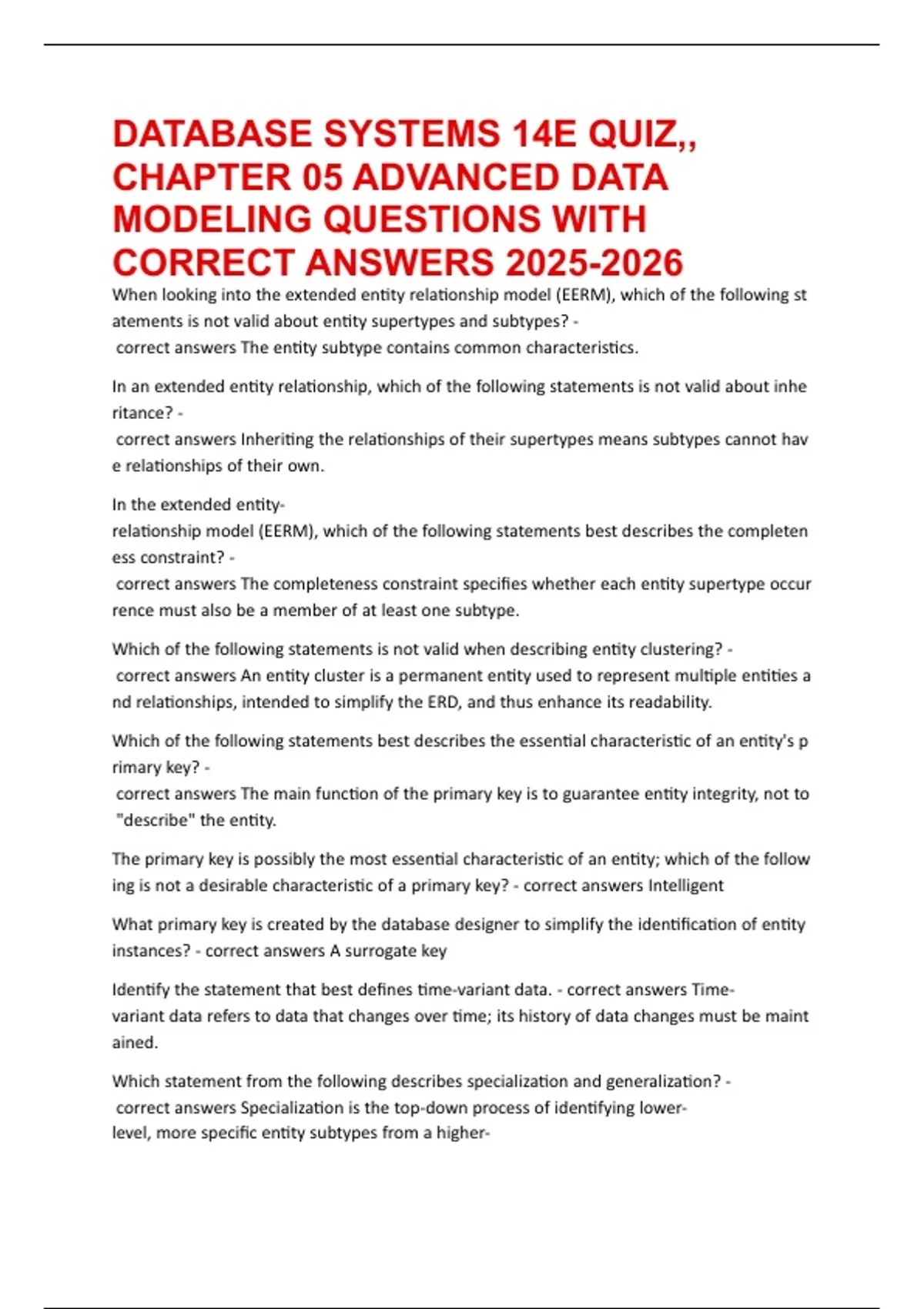 Data Modeling Questions DATABASE SYSTEMS 14E QUIZ,, CHAPTER 05 ADVANCED DATA MODELING QUESTIONS ...