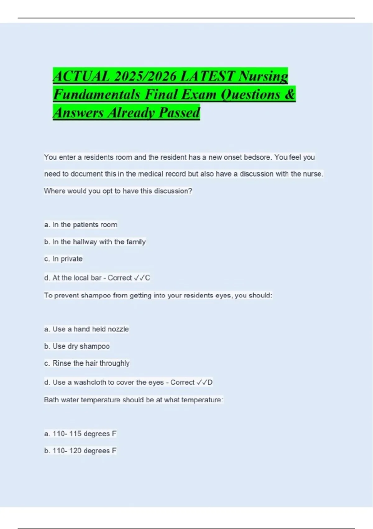 ACTUAL 2025/2026 LATEST Nursing Fundamentals Final Exam Questions ...