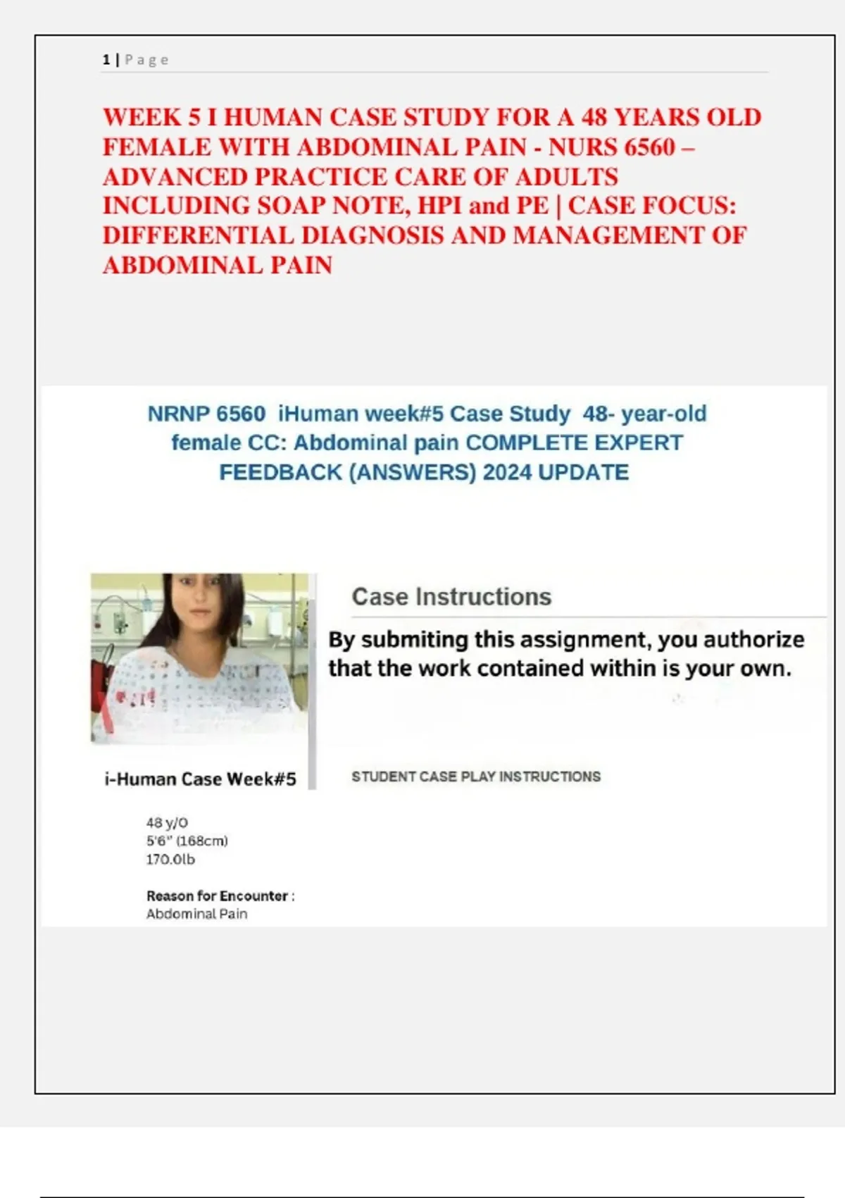 WEEK 5 I HUMAN CASE STUDY FOR A 48 YEARS OLD FEMALE WITH ABDOMINAL PAIN ...