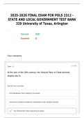 2025-2026 FINAL EXAM FOR POLS 2312 - STATE AND LOCAL GOVERNMENT TEST BANK 329 University of Texas&comma; Arlington