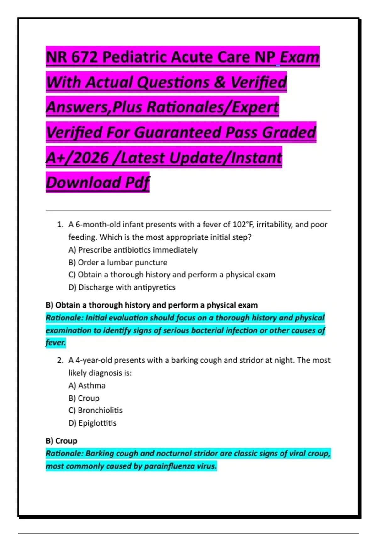 NR 672 Pediatric Acute Care NP Exam With Actual Questions &amp; Verified Answers,Plus Rationales ...