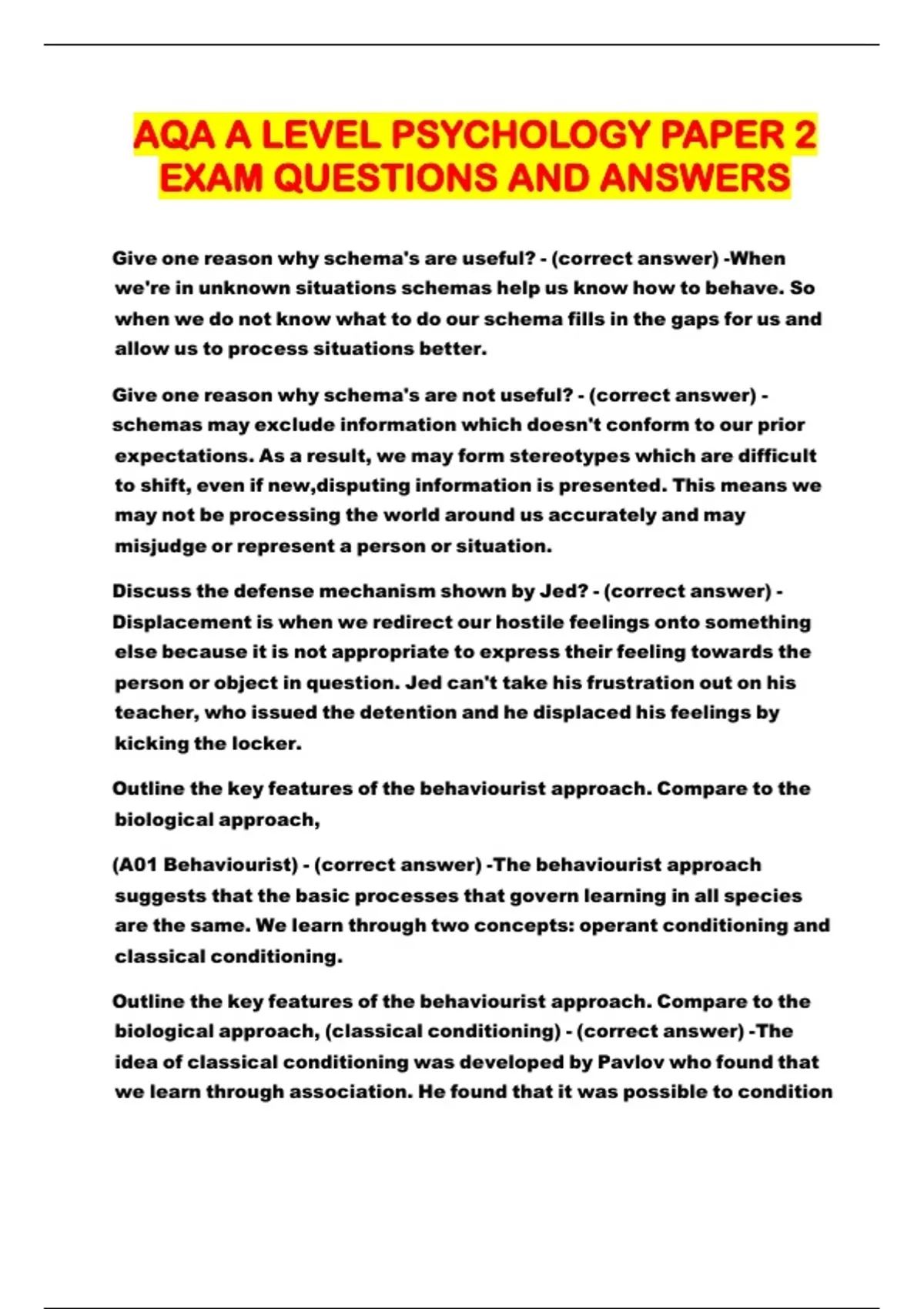 AQA A LEVEL PSYCHOLOGY PAPER 2 EXAM QUESTIONS AND ANSWERS 2026 - AQA A ...