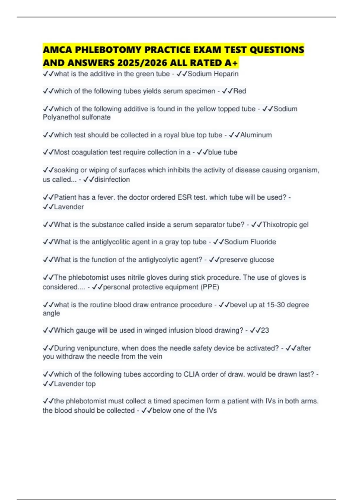 AMCA PHLEBOTOMY PRACTICE EXAM TEST QUESTIONS AND ANSWERS 2025/2026 ALL RATED A+ - AMCA ...