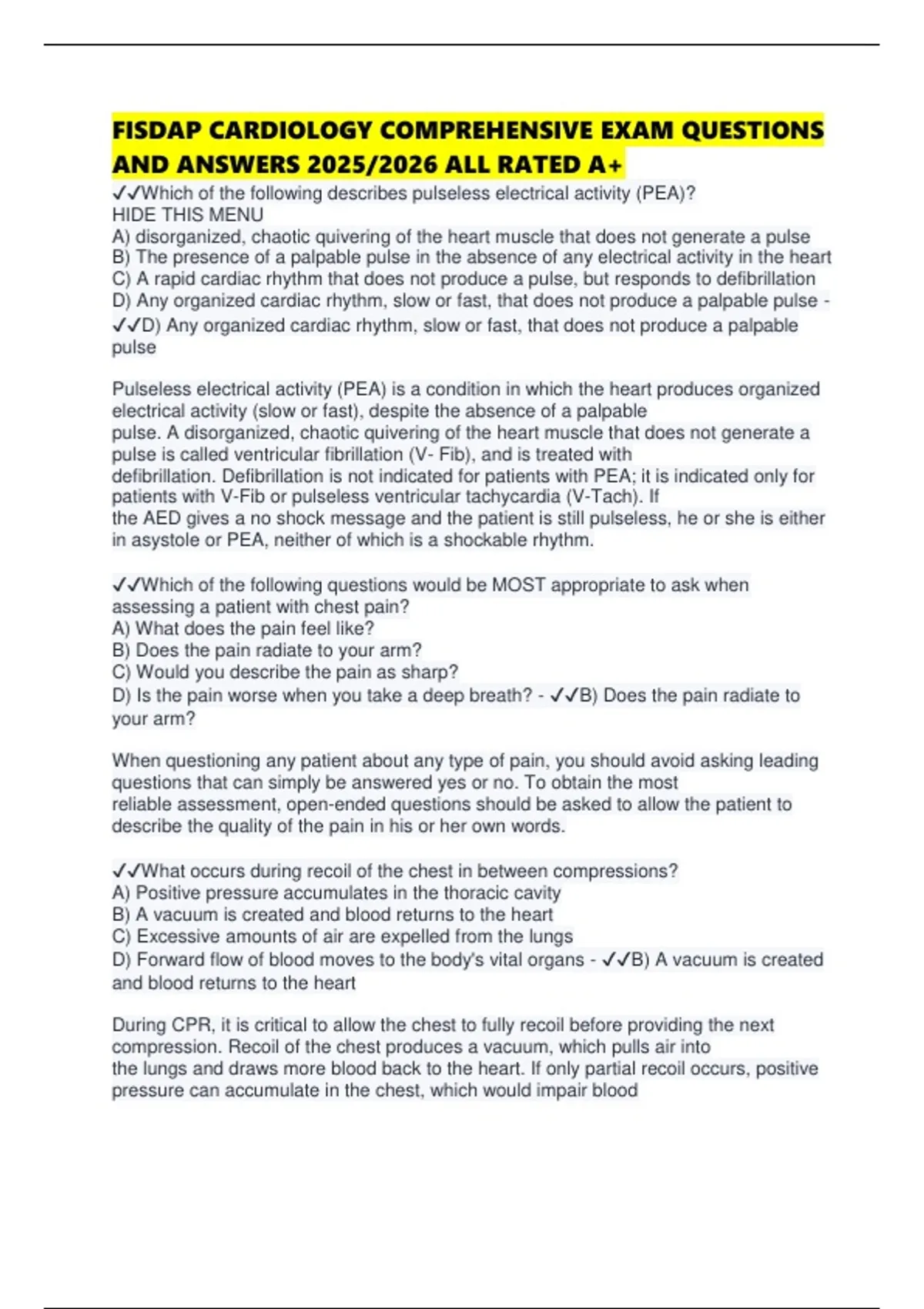 FISDAP CARDIOLOGY COMPREHENSIVE EXAM QUESTIONS AND ANSWERS 2025/2026 ...