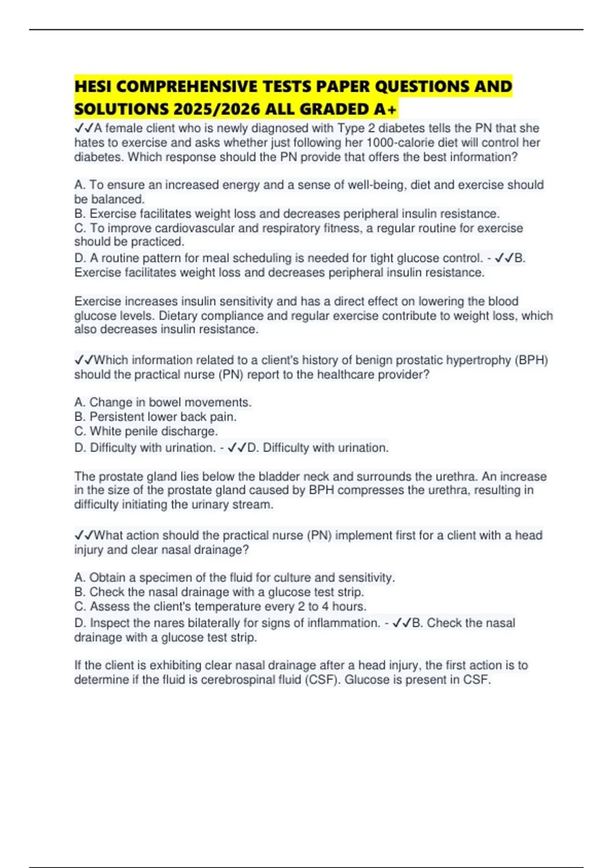 HESI COMPREHENSIVE TESTS PAPER QUESTIONS AND SOLUTIONS 2025/2026 ALL ...