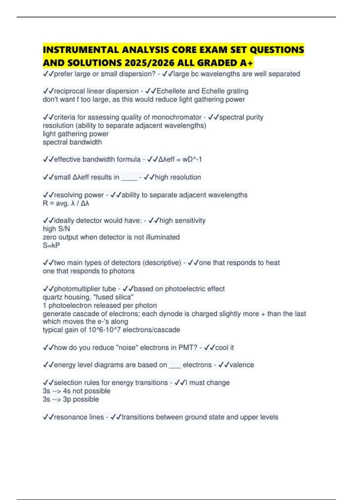Instrument Analysis Course INSTRUMENTAL ANALYSIS CORE EXAM SET QUESTIONS AND SOLUTIONS 2025/2026 ...