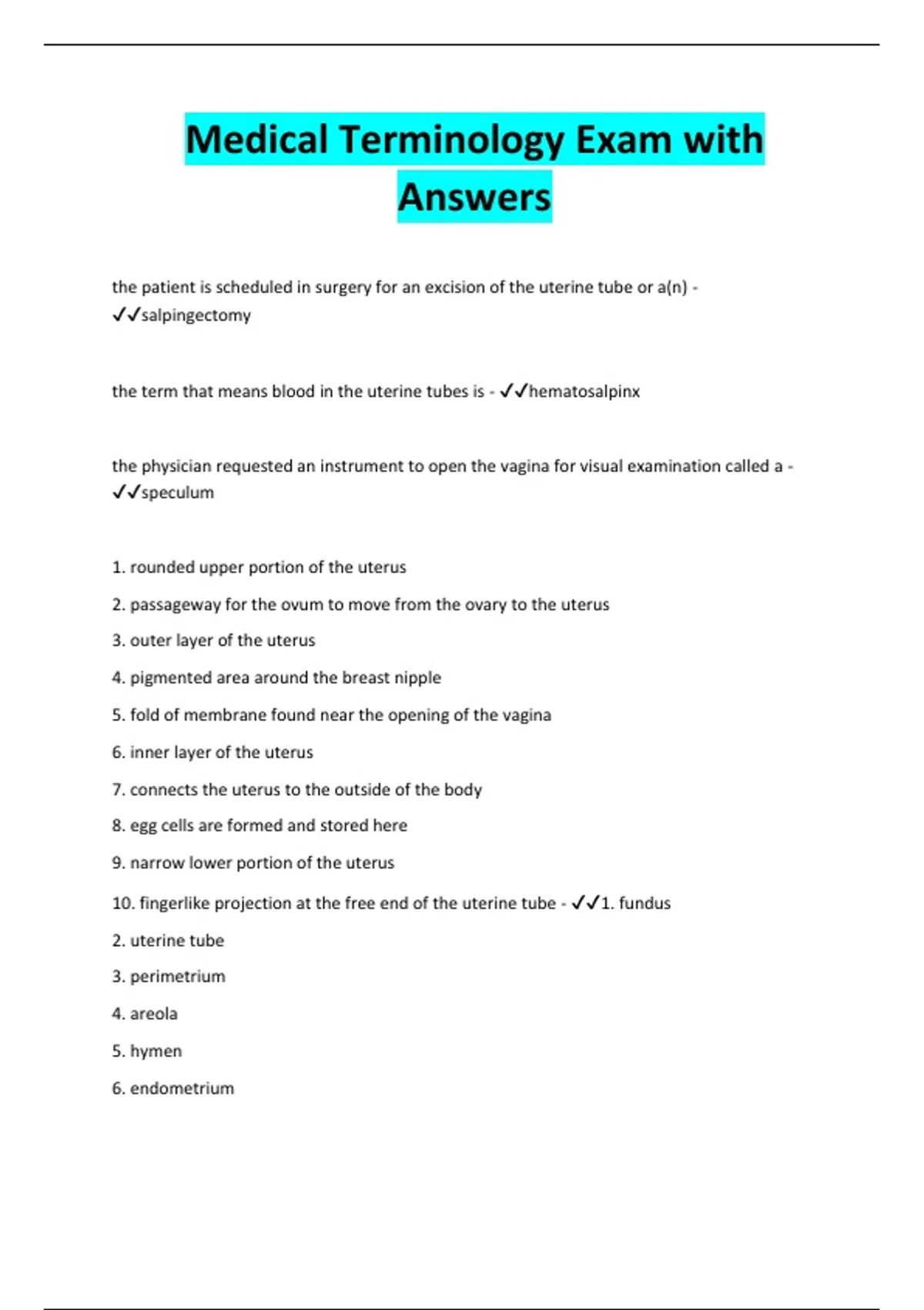 Medical Terminology Exam with Answers - Medical Terminology - Stuvia US