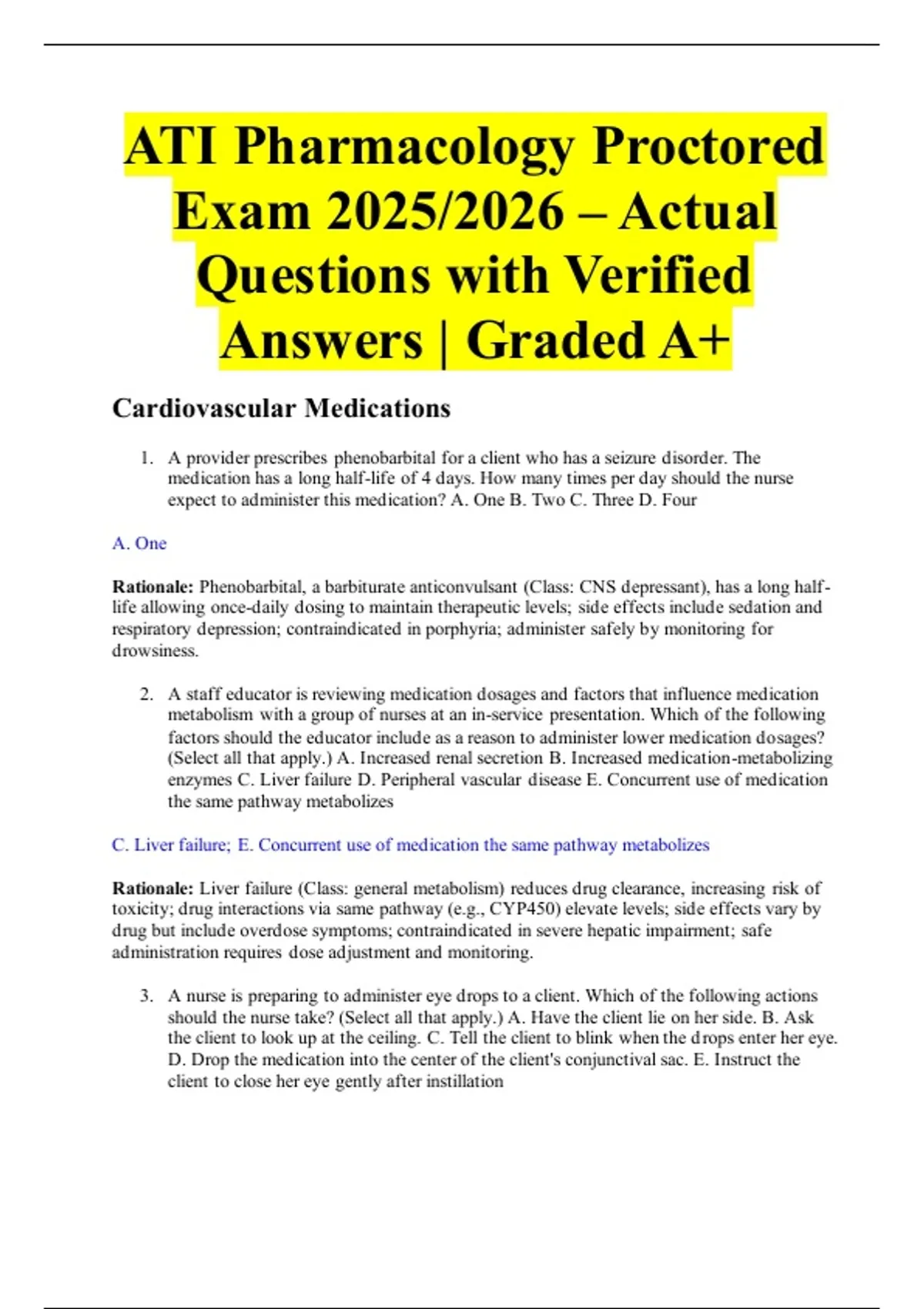 ATI Pharmacology Proctored Exam 2025/2026 – Actual Questions with ...