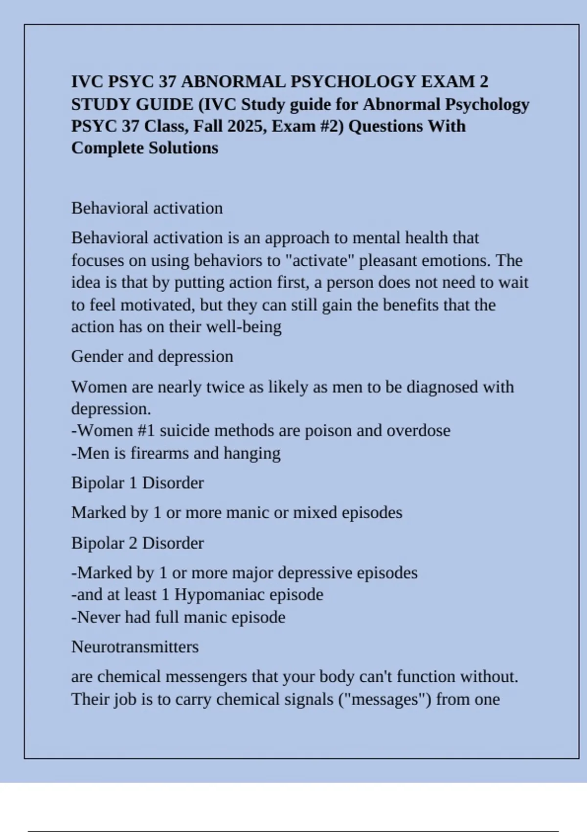 IVC PSYC 37 ABNORMAL PSYCHOLOGY EXAM 2 STUDY GUIDE (IVC Study guide for ...