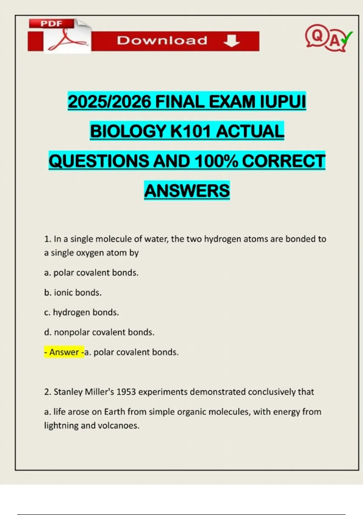 2025/2026 FINAL EXAM IUPUI BIOLOGY K101 ACTUAL QUESTIONS AND 100% ...