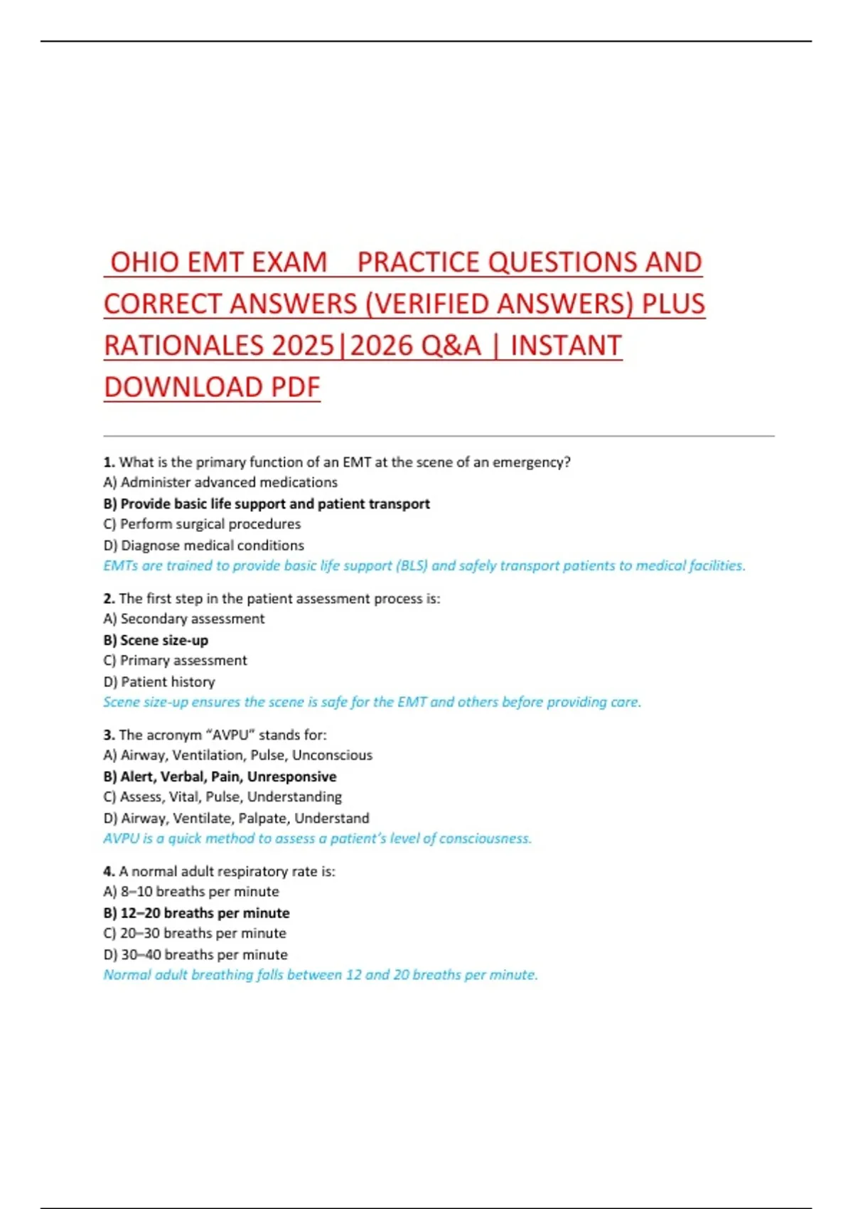OHIO EMT EXAM PRACTICE QUESTIONS AND CORRECT ANSWERS (VERIFIED ANSWERS ...