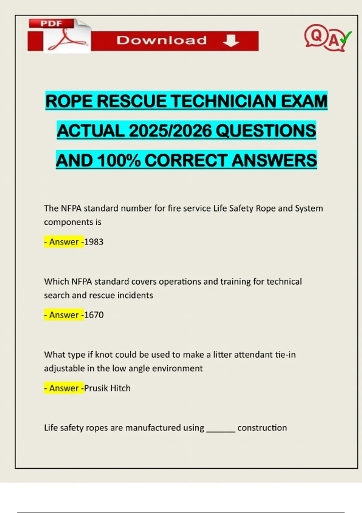 Job Application Rope Question ROPE RESCUE TECHNICIAN EXAM ACTUAL 2025/2026 QUESTIONS AND 100% CORRECT ...