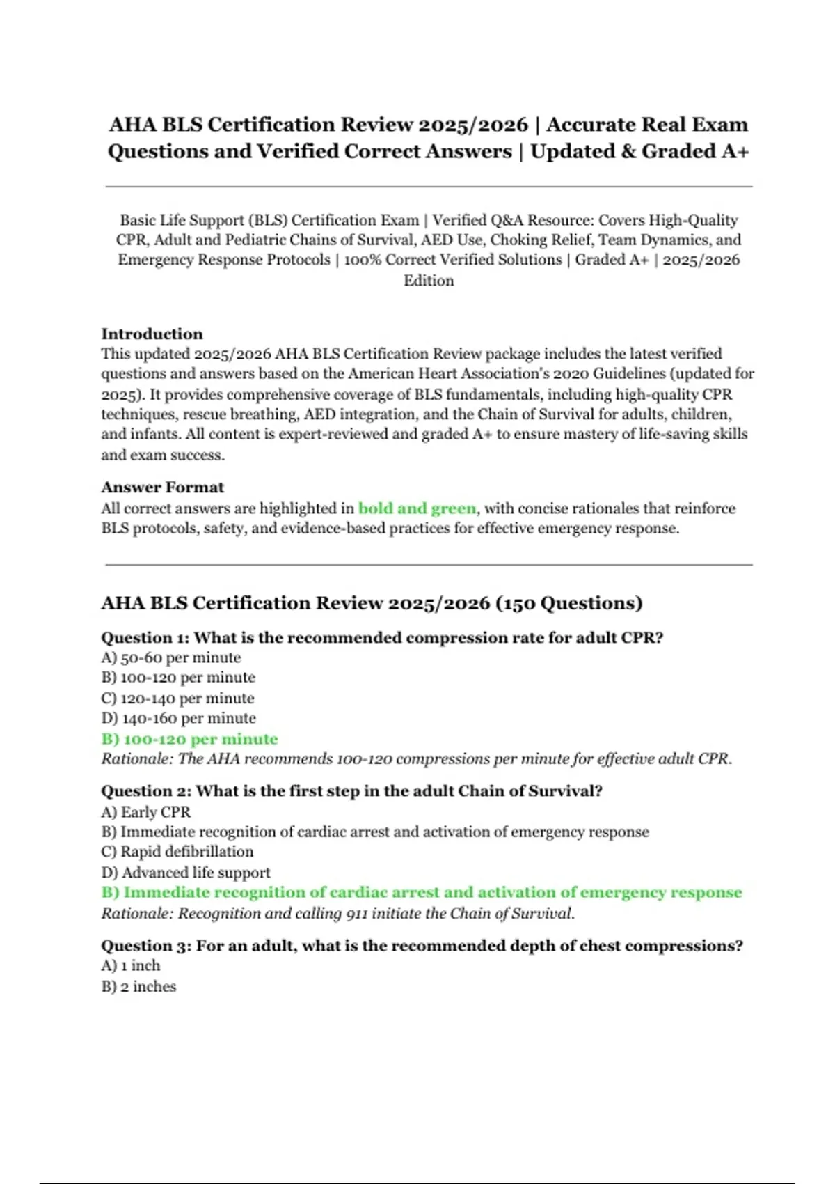 AHA BLS Certification Review 2025/2026 | Accurate Real Exam Questions ...