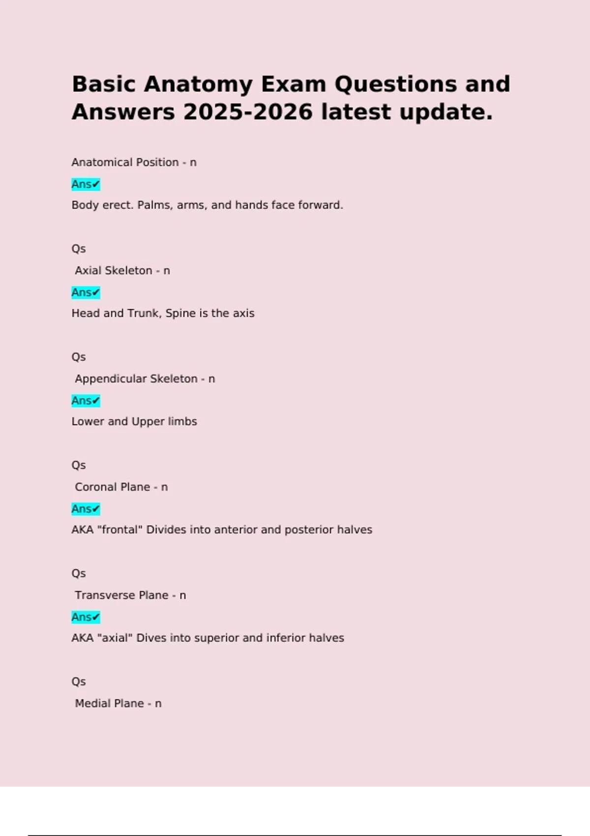 Basic Anatomy Exam Questions and Answers latest update. Anatomical ...