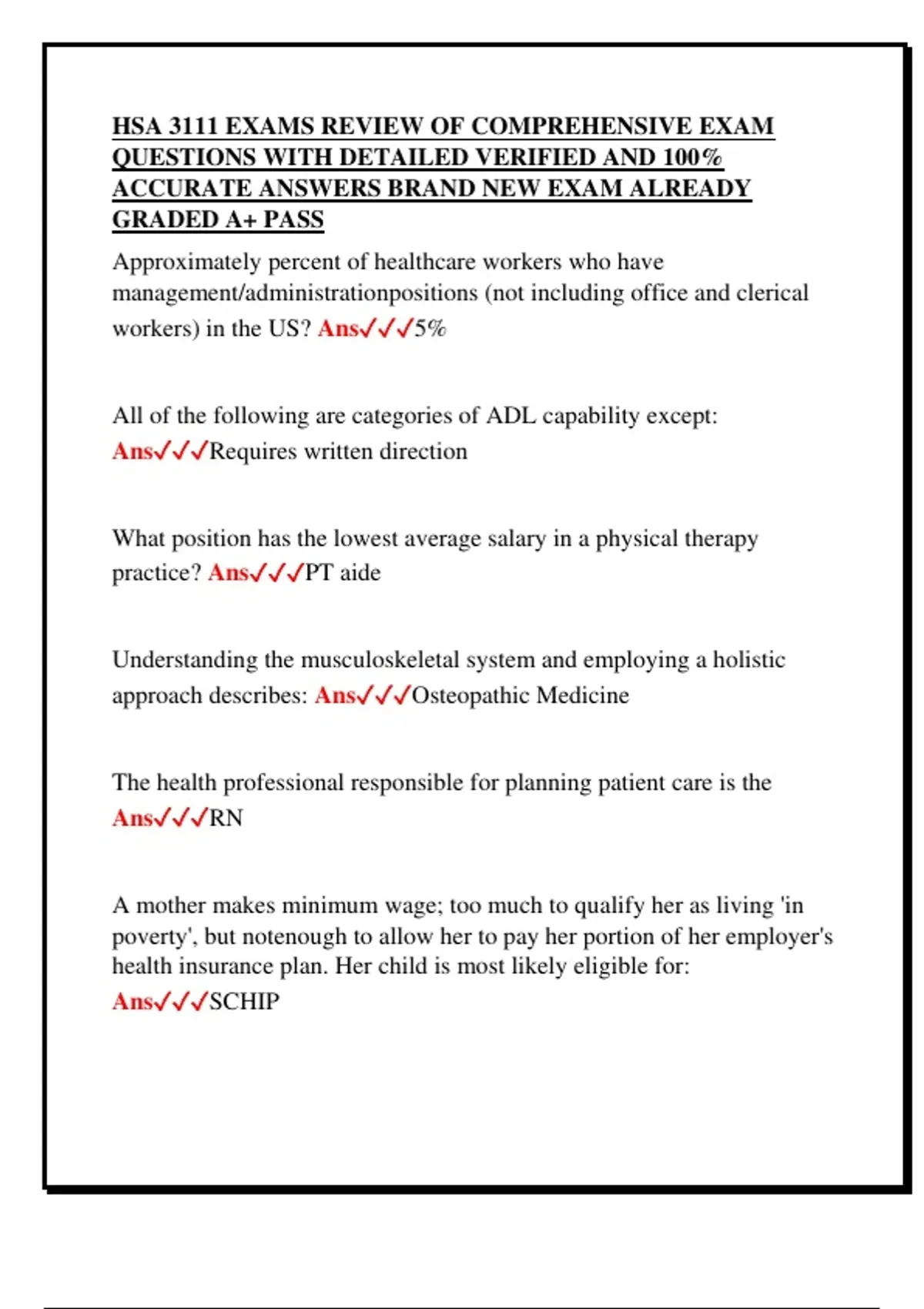 Hsa Questions HSA 3111 EXAMS REVIEW OF COMPREHENSIVE EXAM QUESTIONS WITH DETAILED ...