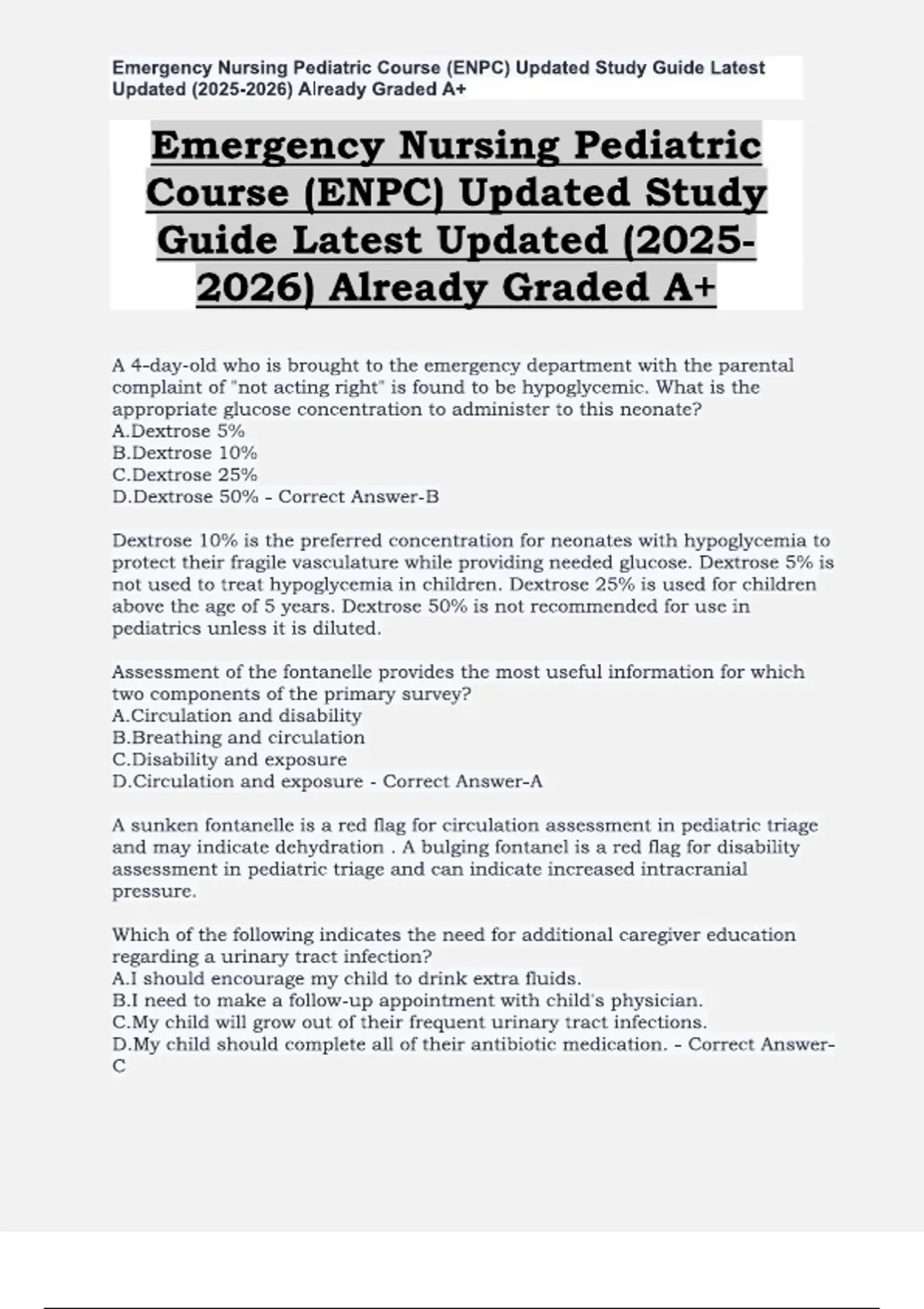 Emergency Nursing Pediatric Course (ENPC) Updated Study Guide Latest ...