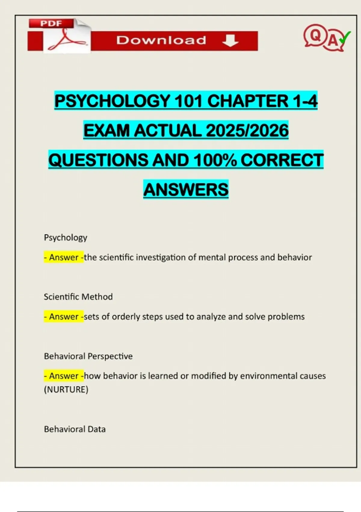 PSYCHOLOGY 101 CHAPTER 1-4 EXAM ACTUAL 2025/2026 QUESTIONS AND 100% ...