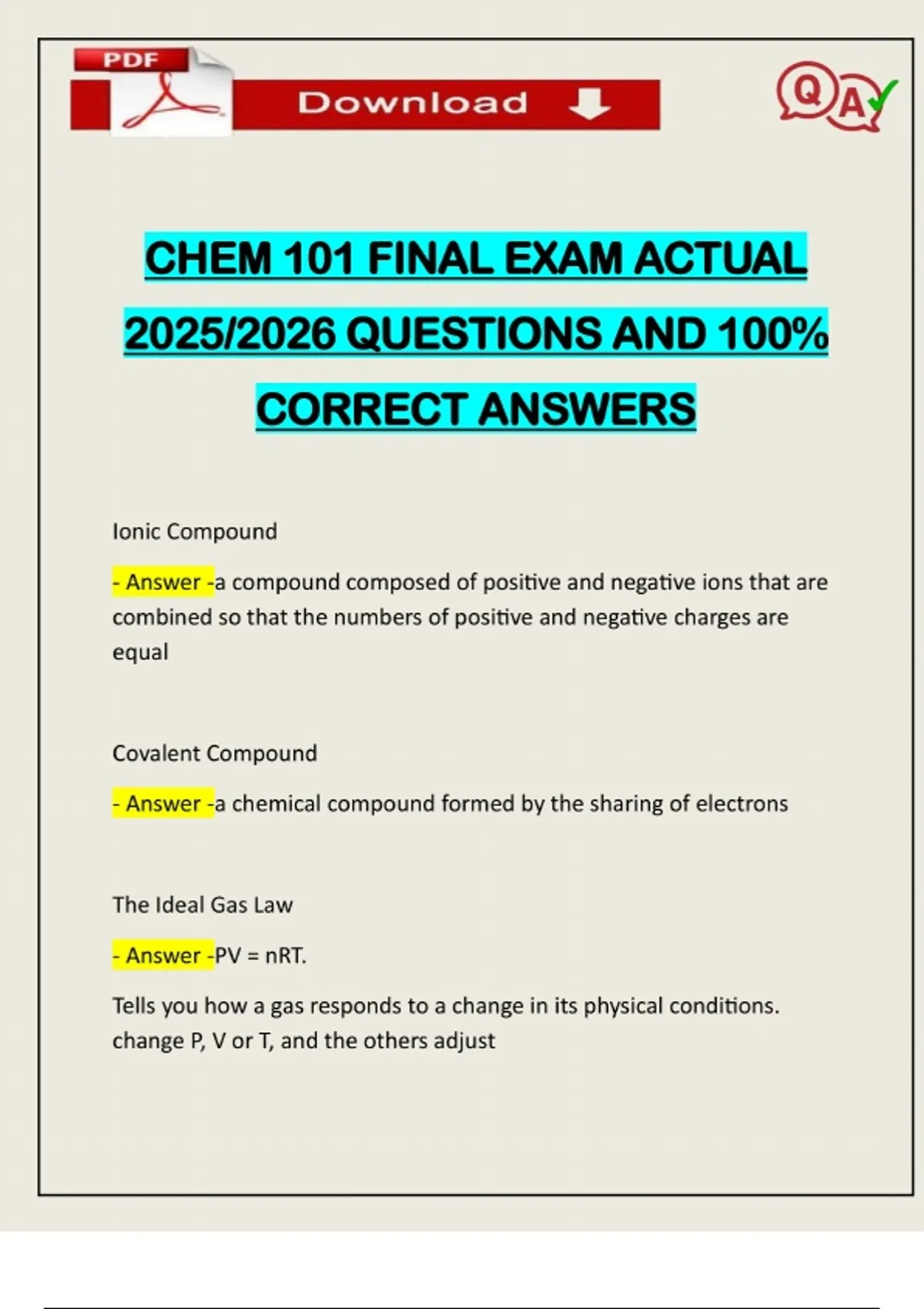 CHEM 101 FINAL EXAM ACTUAL 2025/2026 QUESTIONS AND 100% CORRECT ANSWERS ...