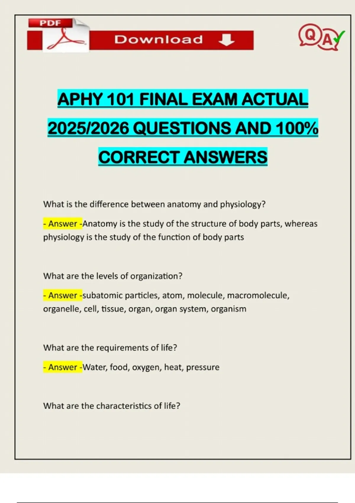 APHY 101 FINAL EXAM ACTUAL 2025/2026 QUESTIONS AND 100% CORRECT ANSWERS ...