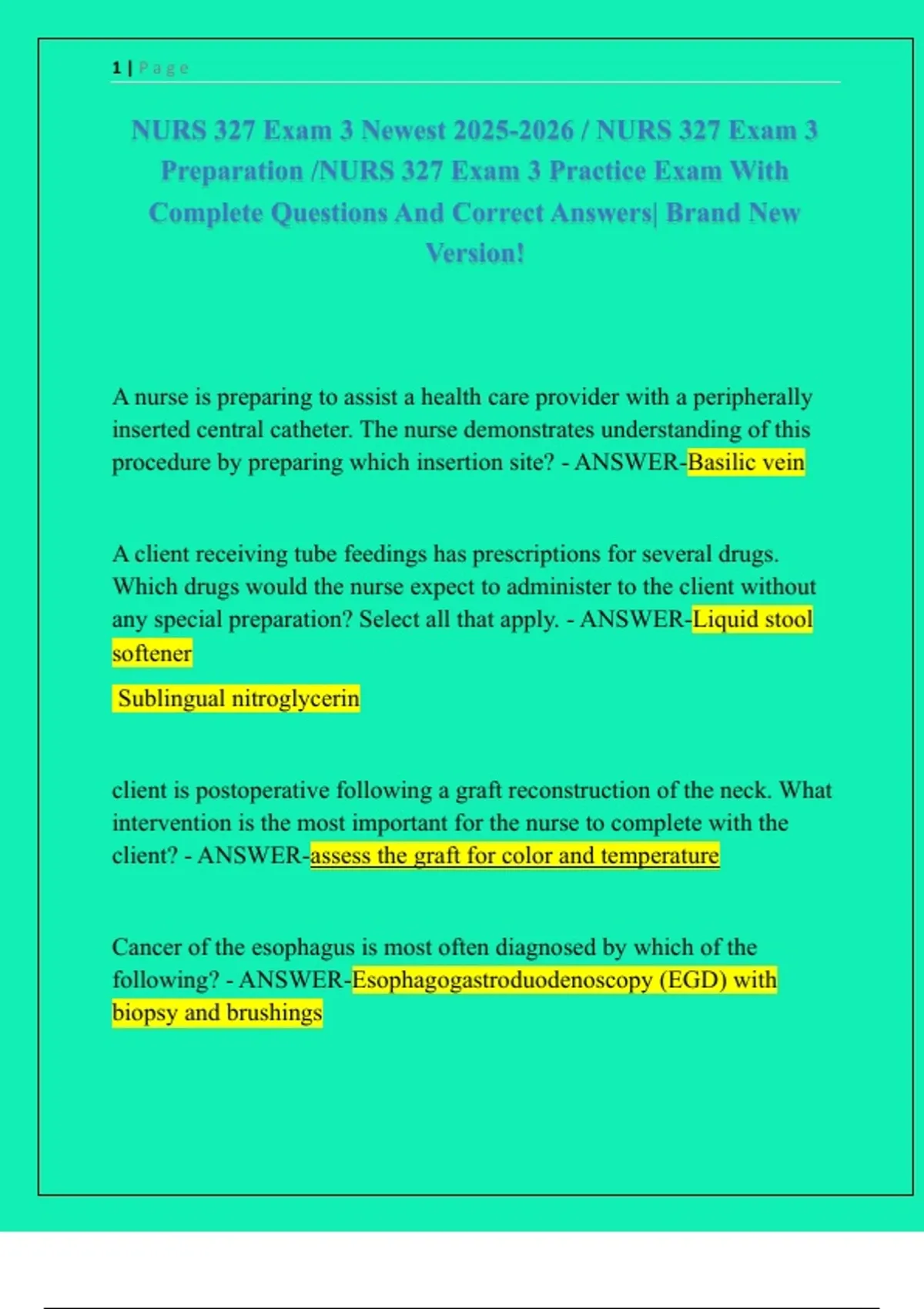 NURS 327 Exam 3 Newest / NURS 327 Exam 3 Preparation /NURS 327 Exam 3 ...