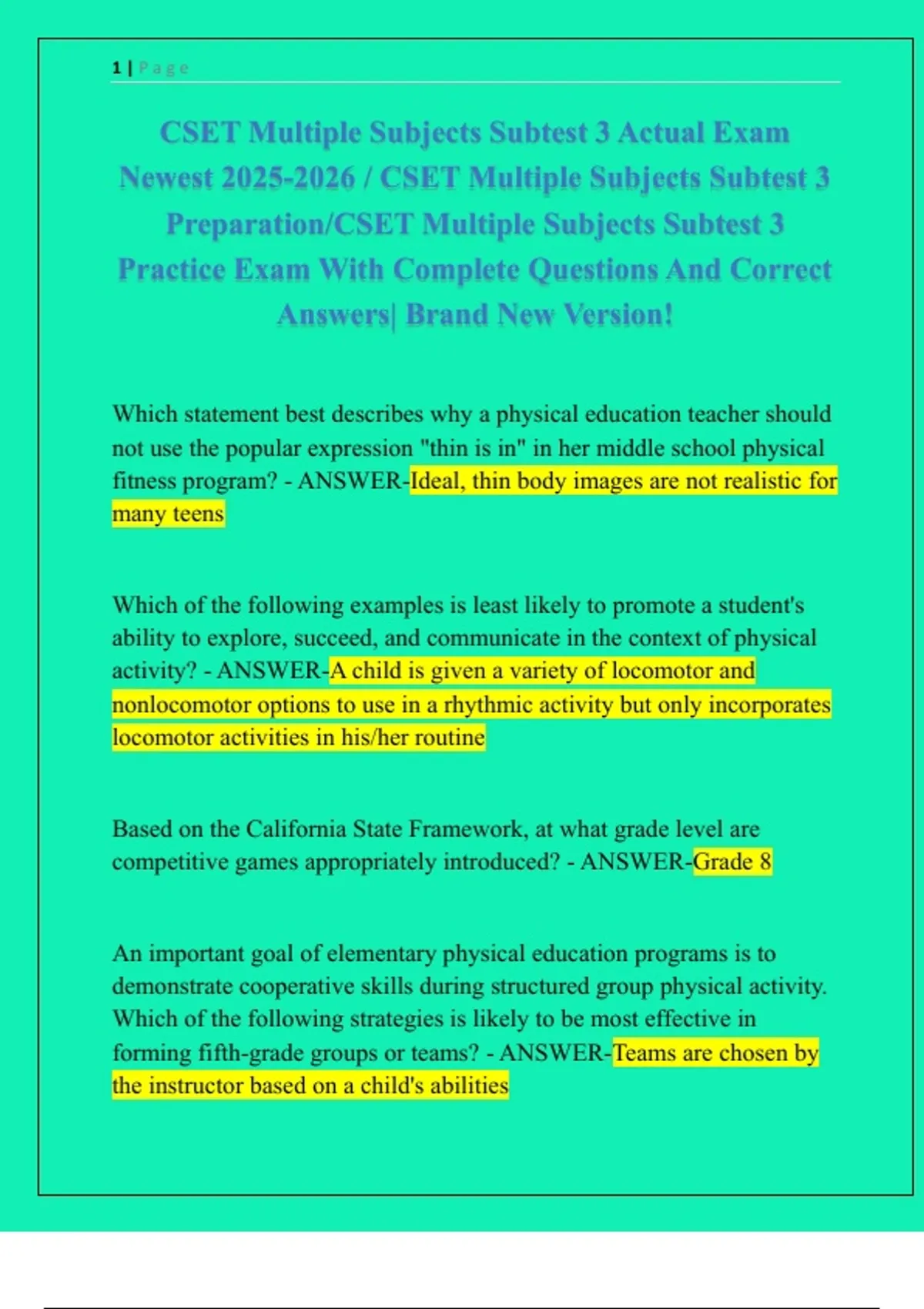 CSET Multiple Subjects Subtest 3 Actual Exam Newest / CSET Multiple ...
