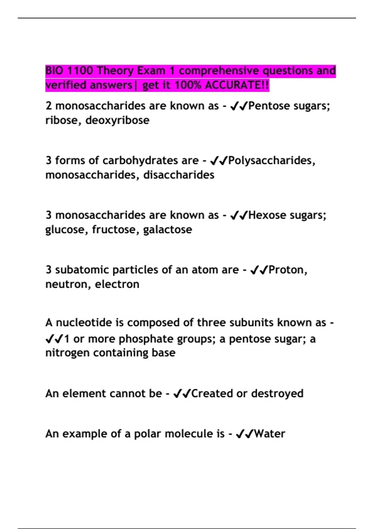 BIO 1100 Theory Exam 1 comprehensive questions and verified answers ...